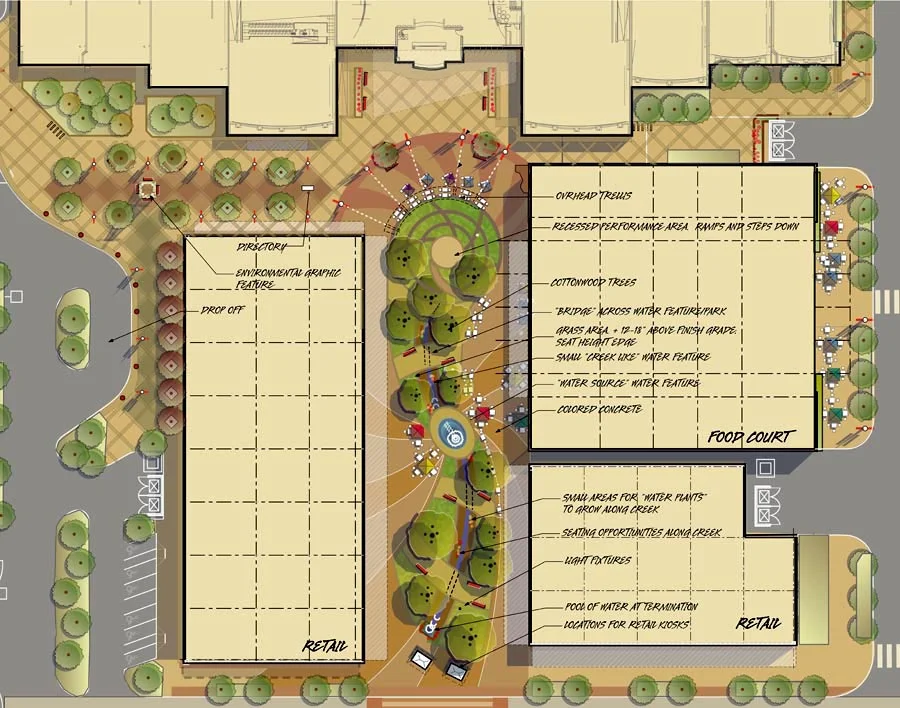 This is the central pedestrian plaza whereby the design is centered around a helical-form based water feature.