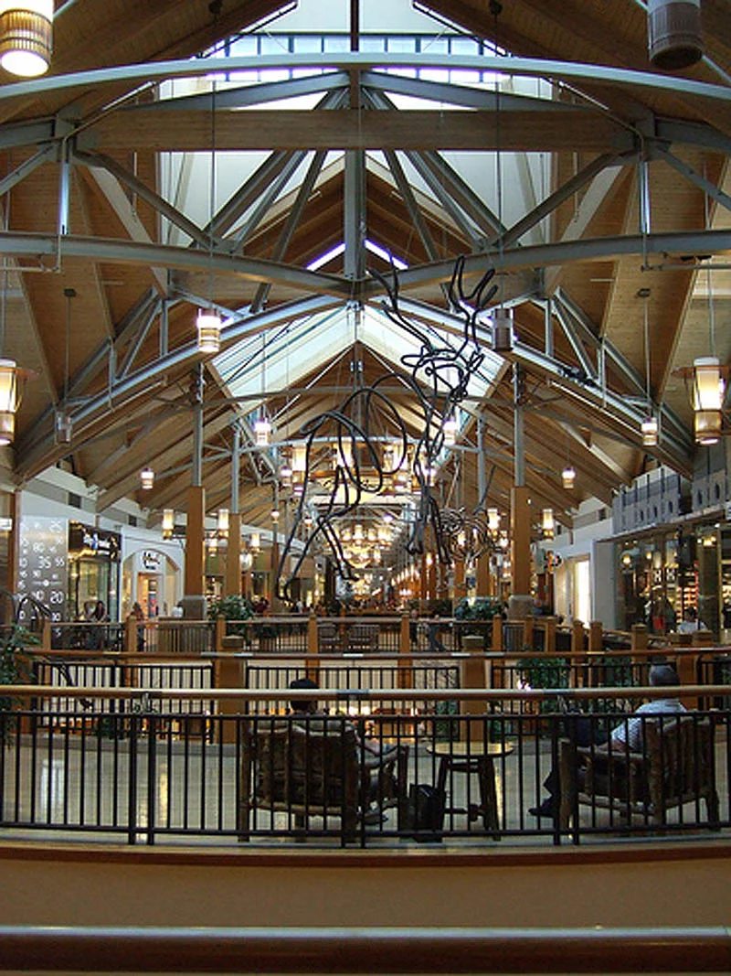 The interiors have a "resort" or lodge-like quality with high volume spaces.