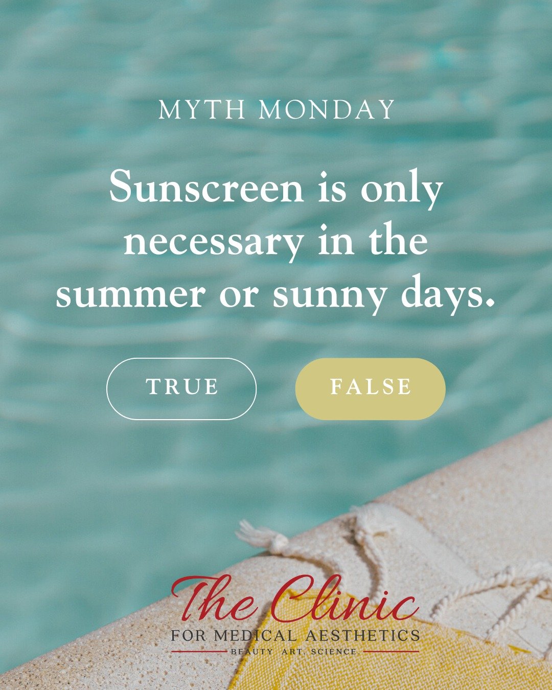 ☀️ Summer Skin Secret ☀️

Myth: #Sunscreen is only necessary during summer or sunny days.
Fact: UV rays are present all year long and can penetrate clouds, causing skin damage even on overcast or winter days. Daily protection is key.

Think sunscreen