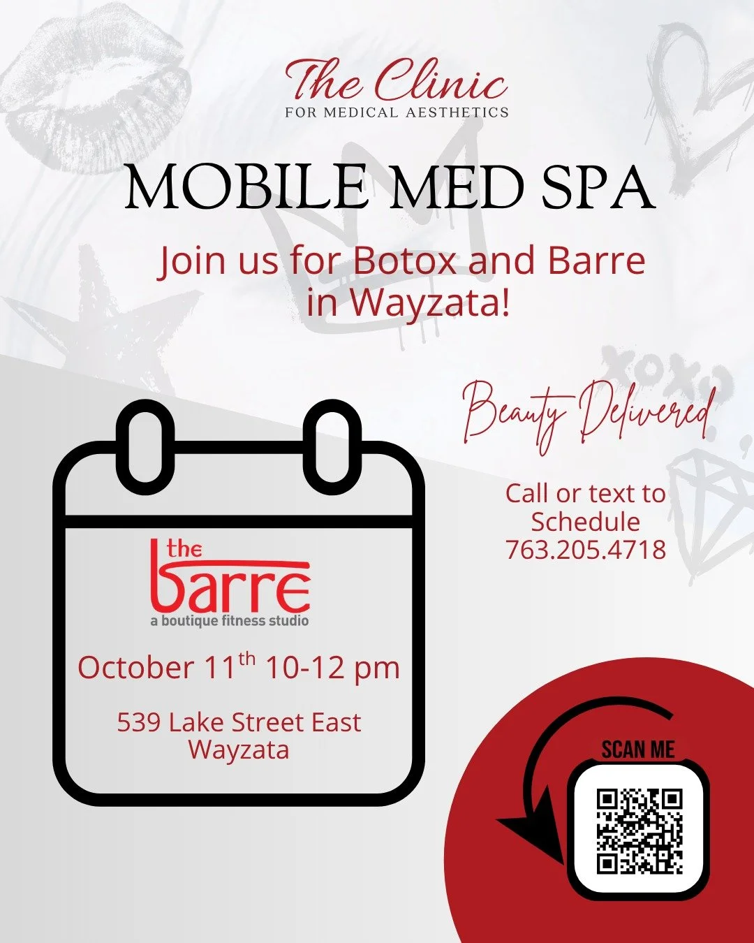 Join us this Saturday, October 11th at The Barre Studio in Wayzata for a morning of beauty and movement!
💋Enjoy event specials on Botox/Dysport, Lip Flips, and B12 Shots 
💪PLUS &mdash; receive 15% off your next purchase at The Barre Studio!
Don&rsq