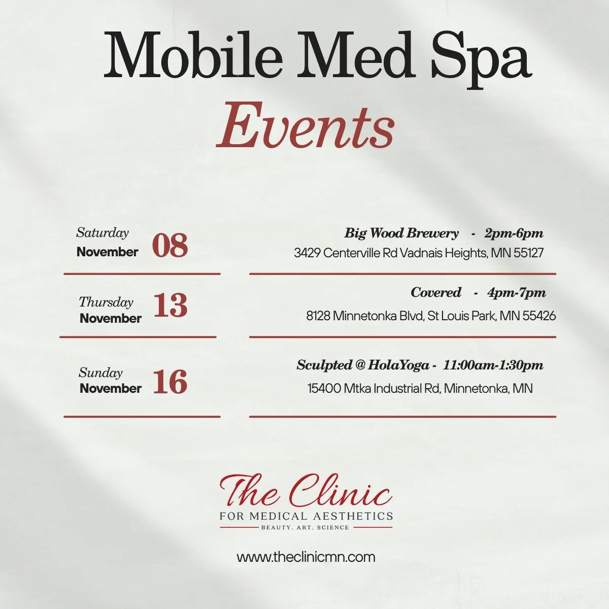 Couple of fun events coming up for the #MobileMedSpa this month 🎉✨ Don&rsquo;t wait &lsquo;til the holiday rush! Come get your glow (and your tox 😉) while spots are still open! 💉🔥

@bigwoodbrewery @covereduptown @sculptedminnesota 

#theclinicmn 