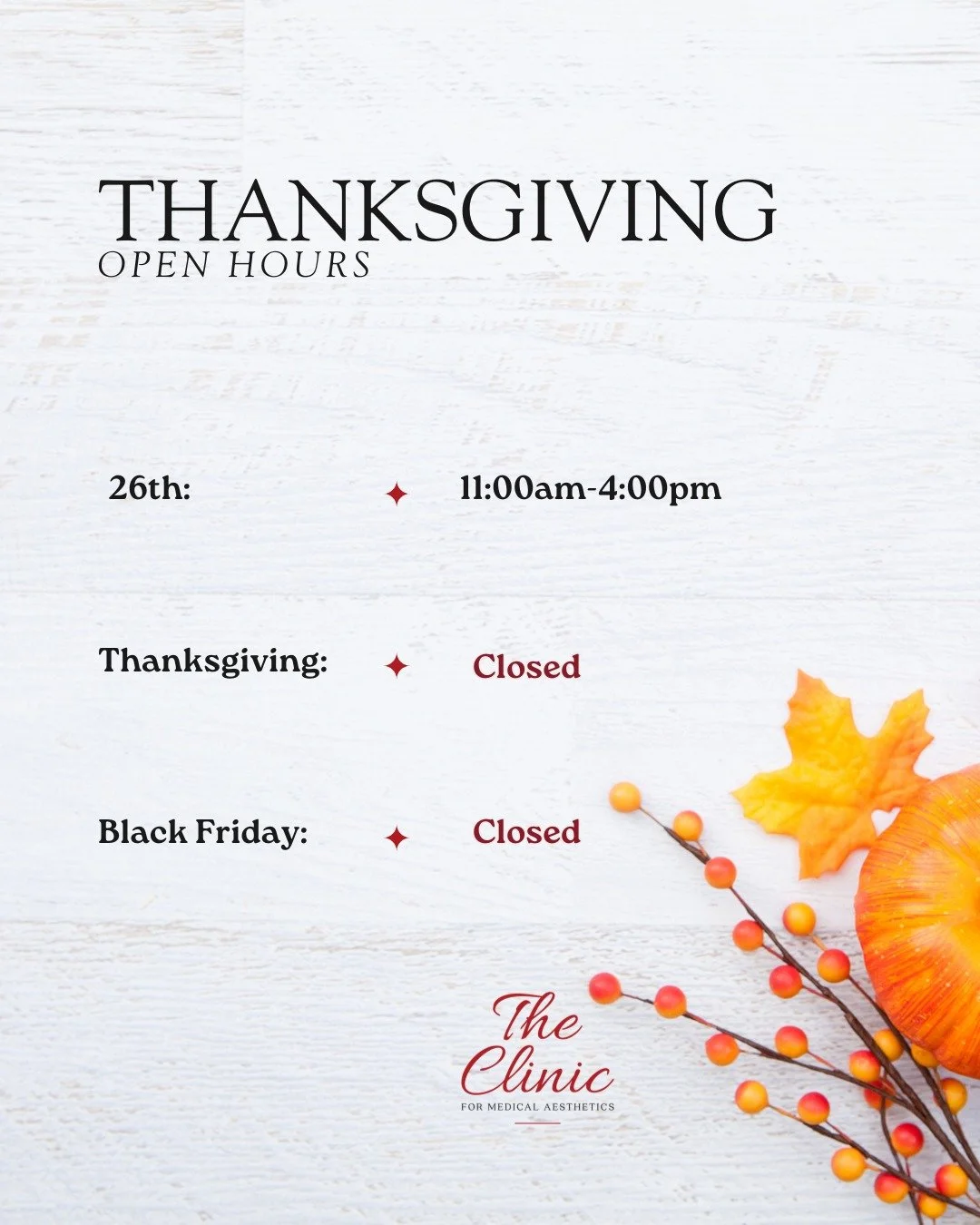 🍂🧡 Thanksgiving Week Hours 🍂🧡

We&rsquo;ll be open limited hours this week to give our team time with their families. Make sure to book ahead if you need a pre-holiday refresh! 🦃