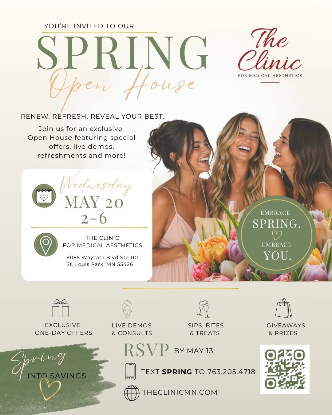 A fresh season calls for a fresh approach to feeling like your best self!
Our Spring Open House is the perfect time to explore&mdash;
✔️ Meet our team
✔️ Watch live demos
✔️ Ask questions
✔️ Take advantage of event-only pricing

Plus&hellip; sips, tr