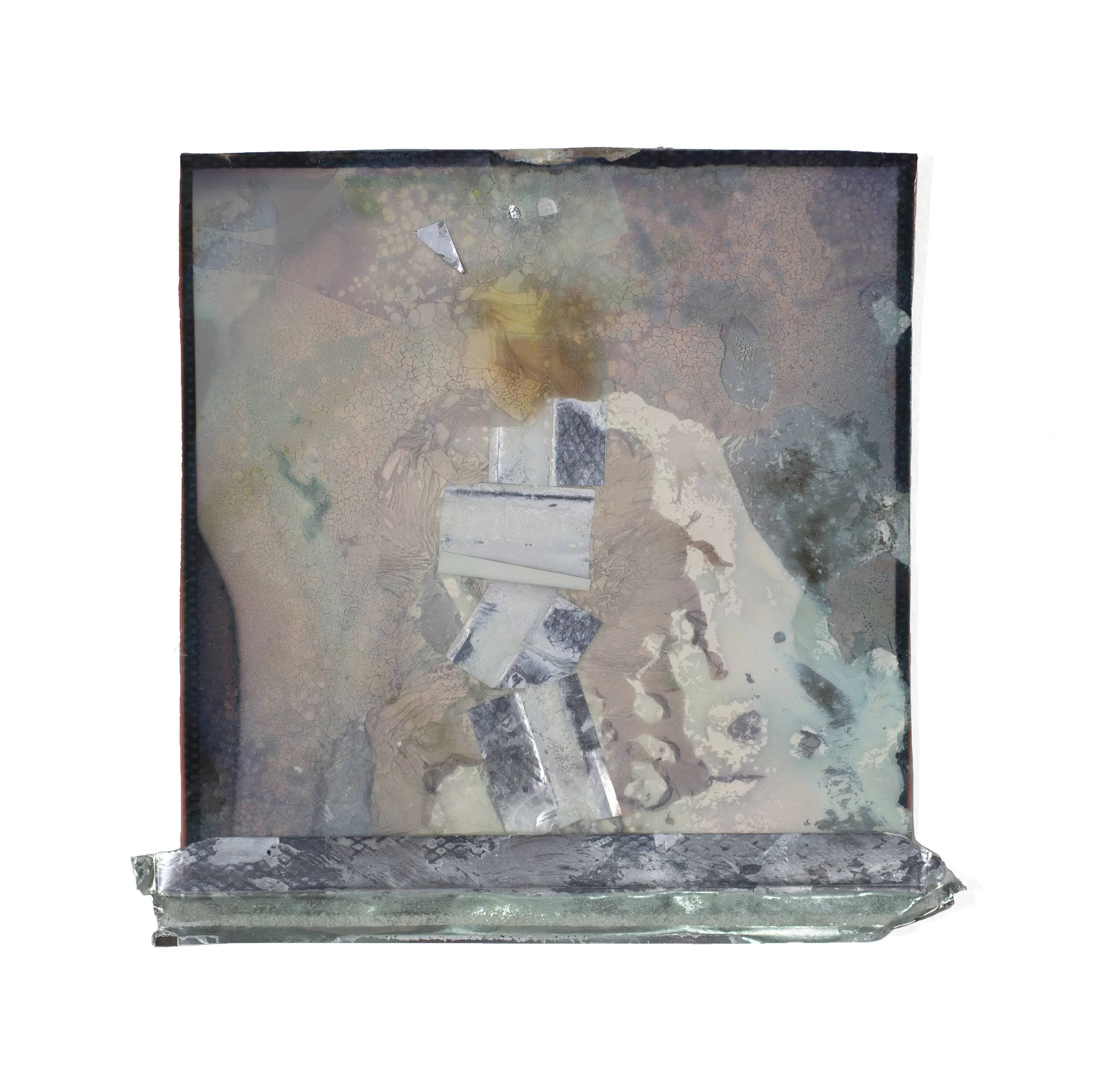 Exquisite corpse Polaroid film, foil, collage 3” x 3 1/4” 2019