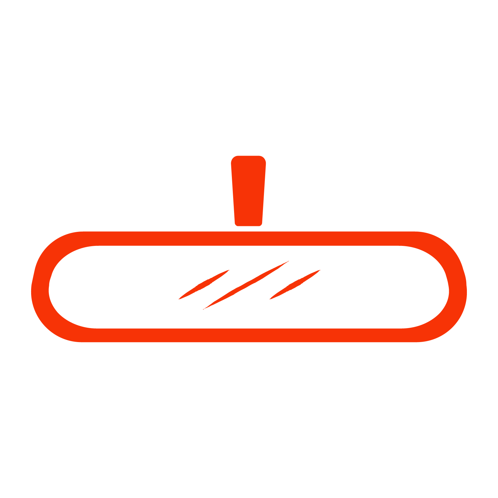 Red rearview mirror icon with exclamation mark symbol.