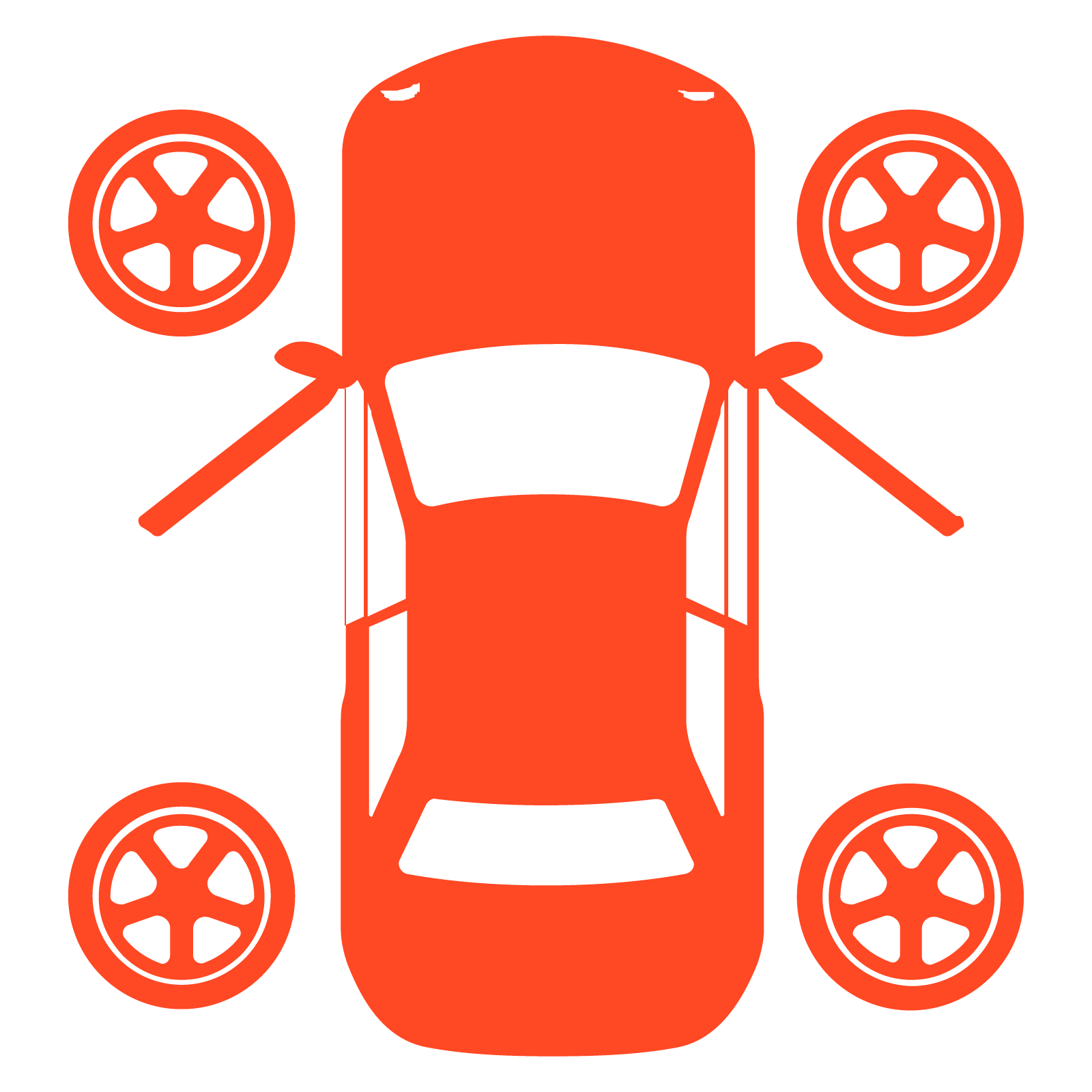 Illustration of a red car from a top view with four detached wheels nearby.