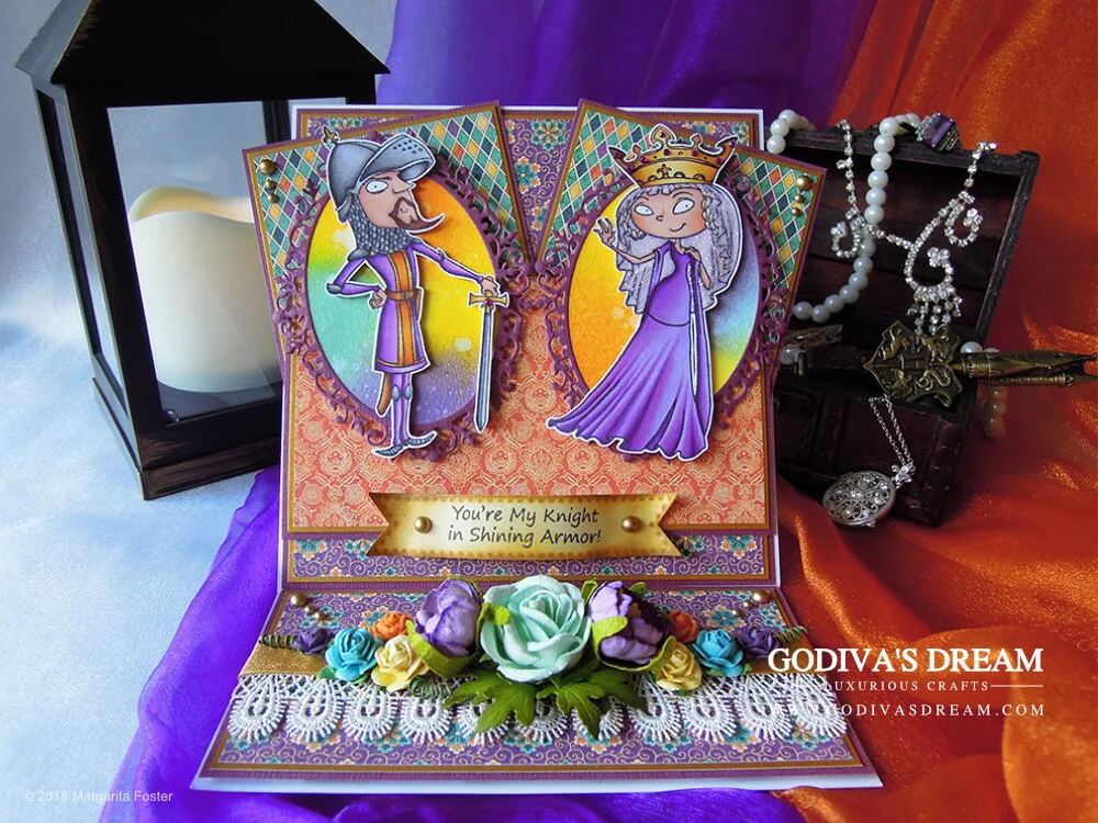 Medieval Easel Anniversary Card "Ye Olde Love Story" by Godiva's Dream. Anniversaries are not always about love hearts and roses, sometimes they can be about knights and queens, and quirkiness! Hear ye, hear ye how I got romantic the medieval way! #cardmaking #papercrafting #handmadecard #easelcard #anniversarycard #stamping