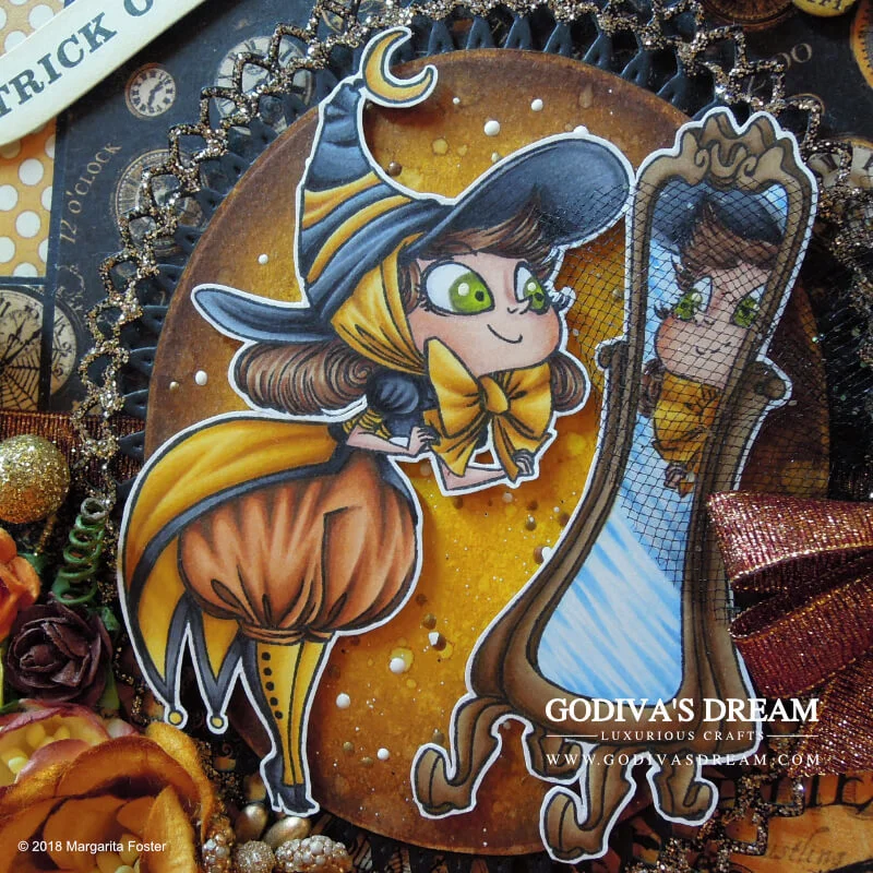 Spellbinding Halloween Card "Costume Party" by Godiva’s Dream. Dressing up for Halloween is part of the fun as proven by this stylish witch card. Click to read all about how autumnal yellow deserves its place in spooky projects and other creative details about this piece. #cardmaking #papercrafting #handmadehalloween #halloweencard #stamping