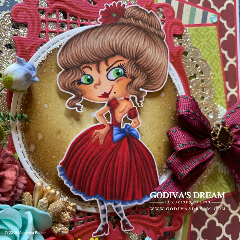 Quirky Birthday Card “‘Ello Poppet” by Godiva’s Dream. Are you a fan of quirky characters? I certainly am! This jewel-toned birthday card is luxurious, feminine and quirky at the same time. #cardmaking #handmadecard #papercrafting #birthdaycard #stamping