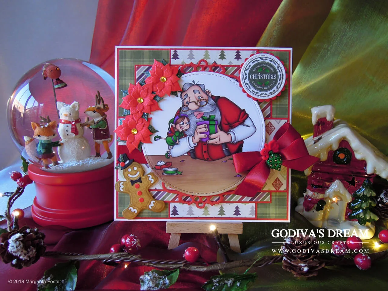 Santa Christmas Card “Santa’s Gift” by Godiva’s Dream. When you have Christmas, you need Santa. And maybe elves too. Oh, and a gingerbread man! You can find all these things and more on this festive card. #cardmaking #handmadecard #handmadechristmas #christmascard #papercrafting