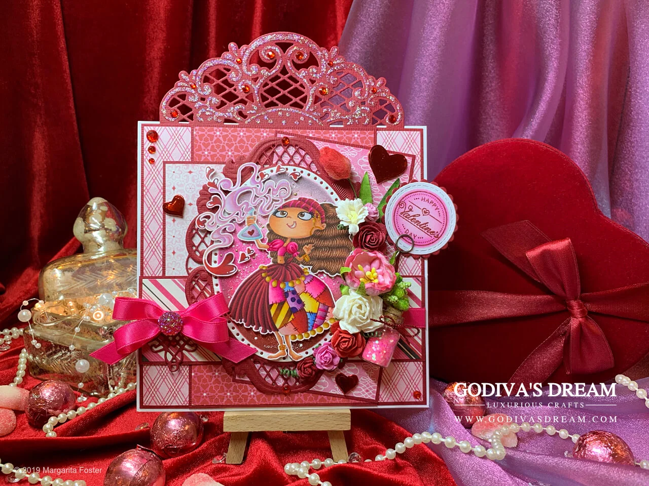 Pretty Pink Valentine’s Day Card “Love is Magical” by Godiva’s Dream. Newsflash - bright pink is the new red! At least on this elaborate Valentine’s Day card. Red is also included to avoid disappointment. And hearts. And flowers. And potions. #handmadecards #papercrafting #cardmaking #rubberstamping #valentinesday #handmadevalentines