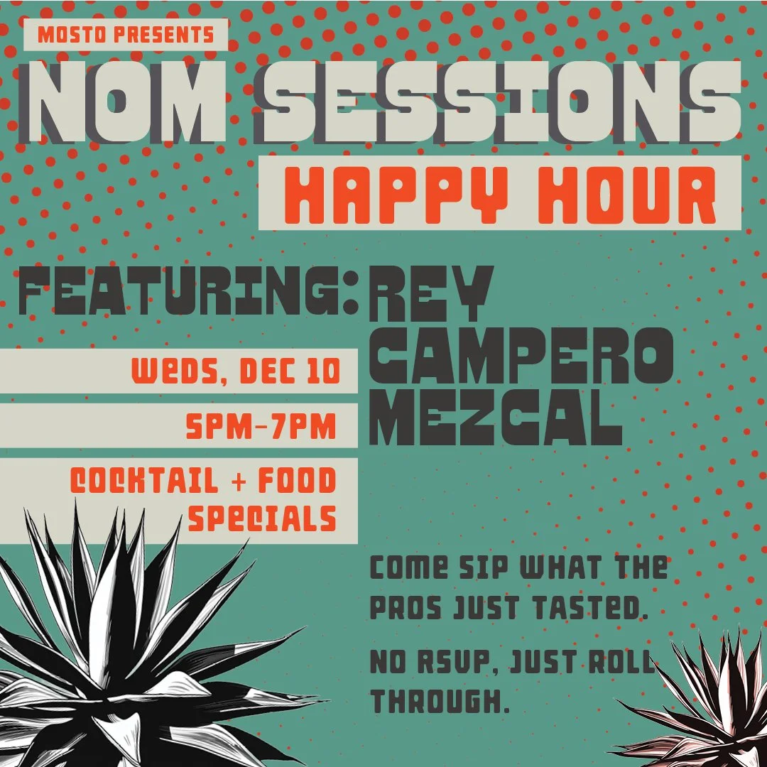 Event poster for NOM Sessions, an industry agave series by Mosto, showcasing Vol. 3: Mezcal Derrumbes. Features education and tasting on Wednesday, August 6, from 4 PM to 5 PM, with snacks included. Happy hour from 5 PM to 7 PM, free and open to the local industry, with a background of agave plants and a dotted navy blue background.