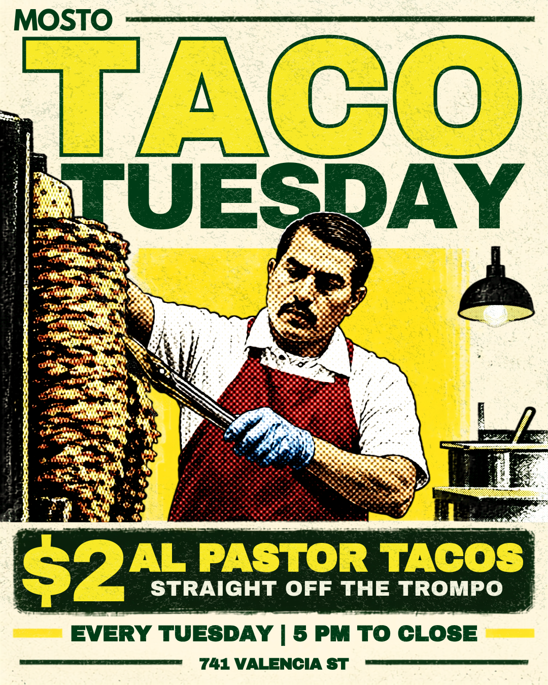 Two baskets of tacos held by a person in black clothing, with a dark wooden floor in the background. Each basket contains three tacos with various toppings, garnished with cilantro and onions, and served with a lemon wedge and sides of sauce.