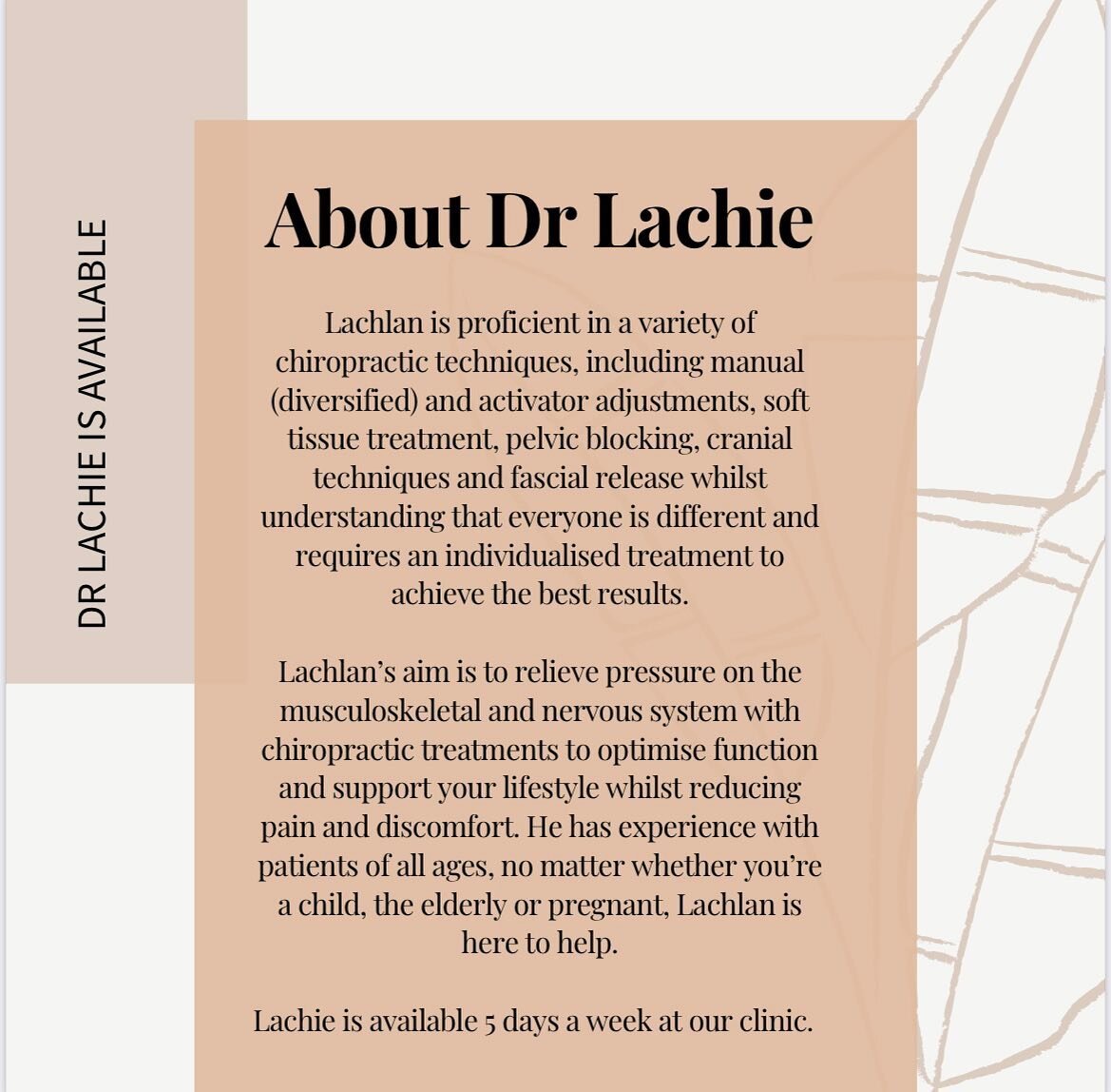 GET TO KNOW LACHIE ⭐️⭐️

If you have been following us or contemplating whether you think chiropractic treatments would be of benefit to you, don&rsquo;t hesitate to give us a call. We are more than happy to speak to you over the phone about anything