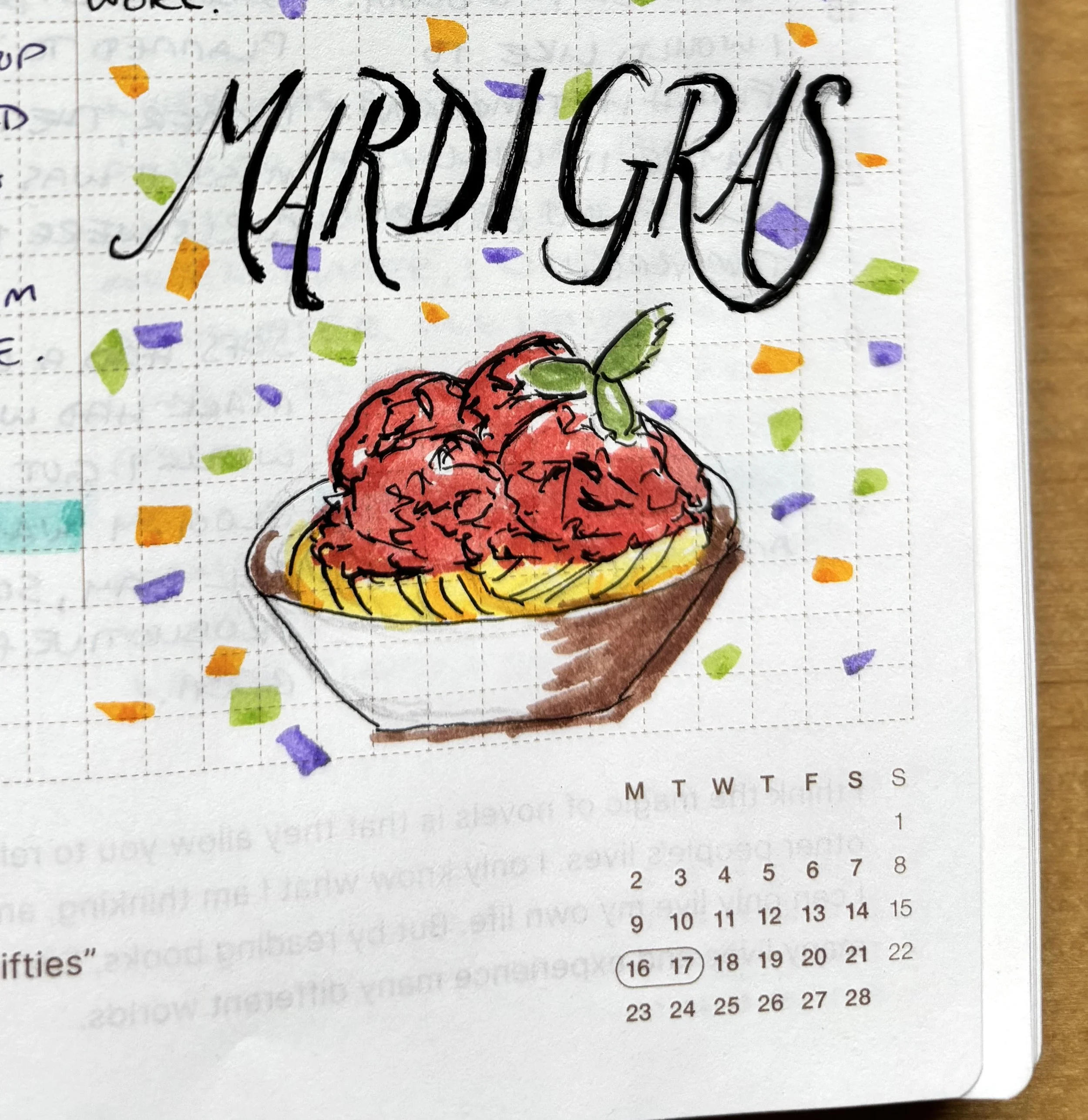 Drawing of a bowl of spaghetti and meatballs. It says "Mardi Gras" across the top.