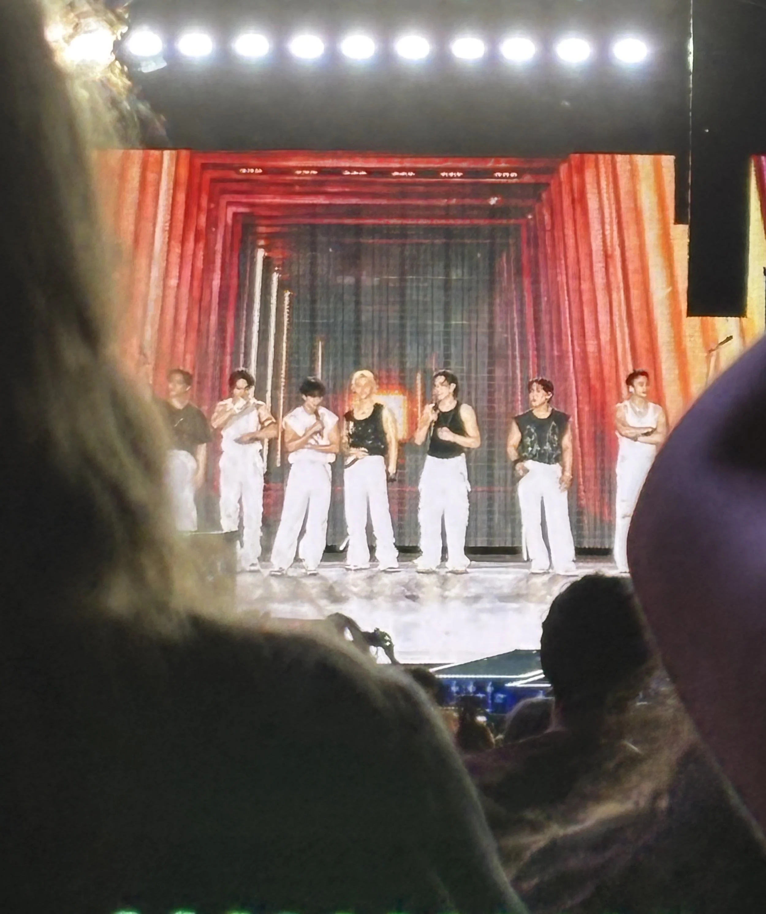 A slightly out of focus picture of the seven members of the Korean K-Pop group Stray Kids on stage. The shot is taken between the shoulders of two audience members.