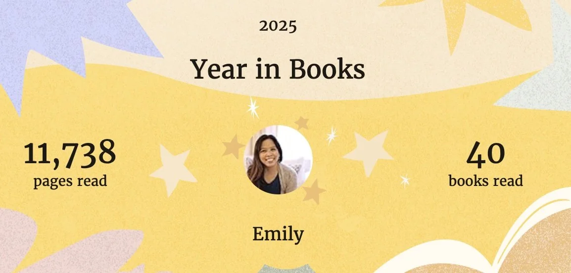 Image with the title 2025 Year in Books. Picture of a Filipino woman with the name Emily. On the left it says 11,738 pages read. On the right it says 40 books read.