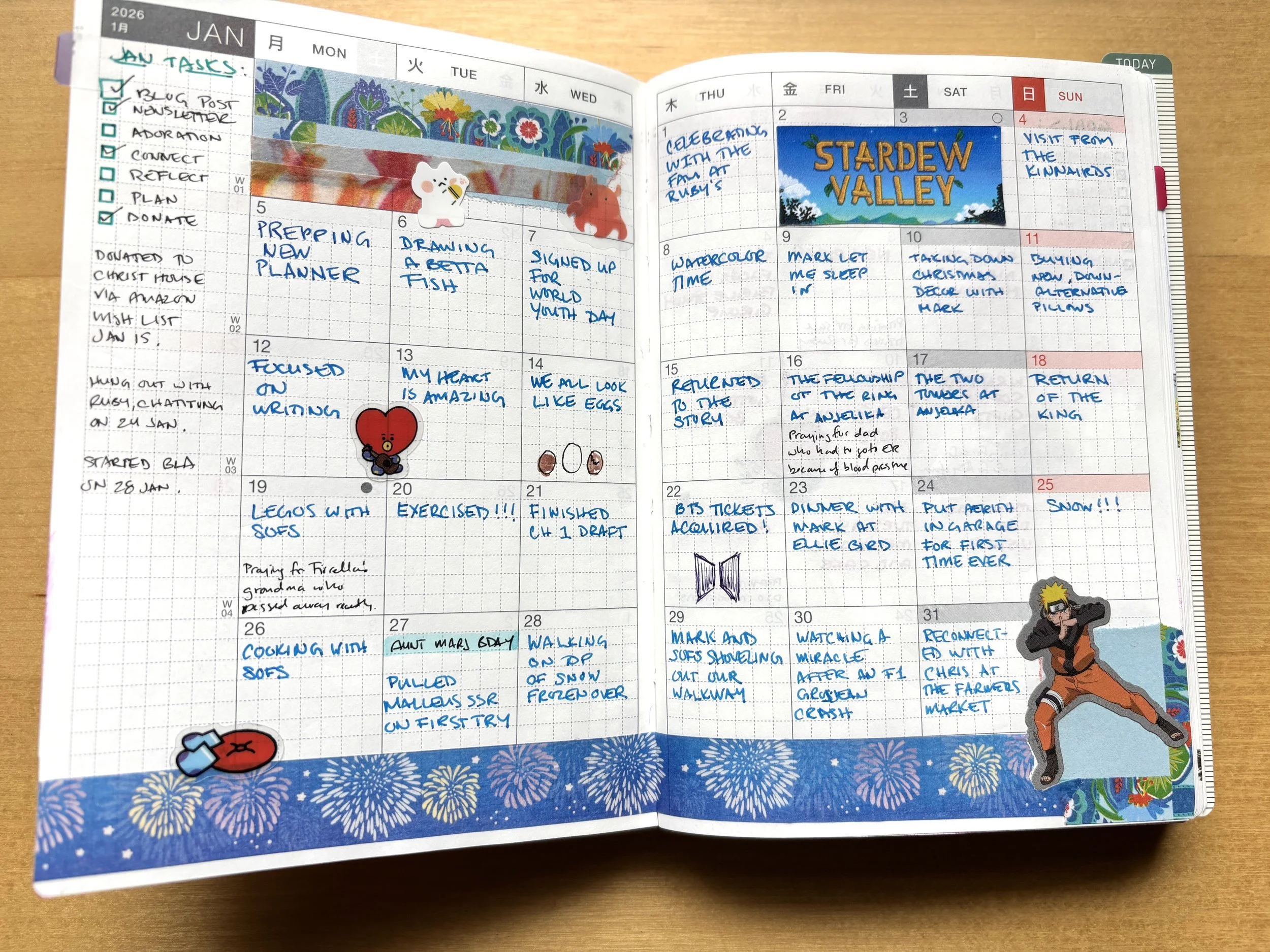 A calendar of January 2026 decorated with stickers. There are notes of gratitude in each block.