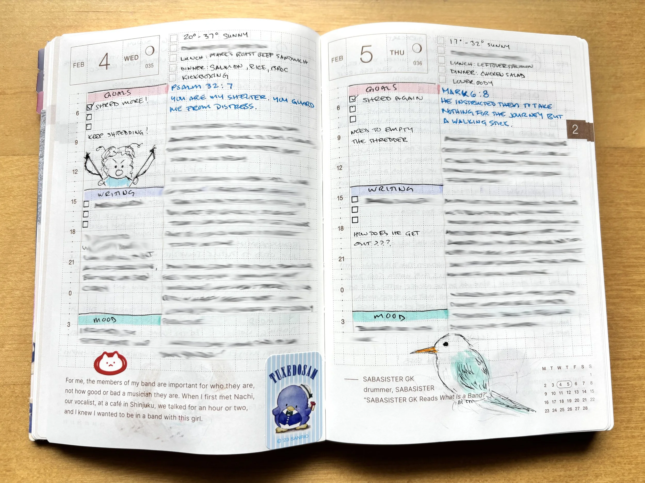 Hobonichi Techno Original opened to Feb 4-5. Text, doodles, and stickers fill the pages.