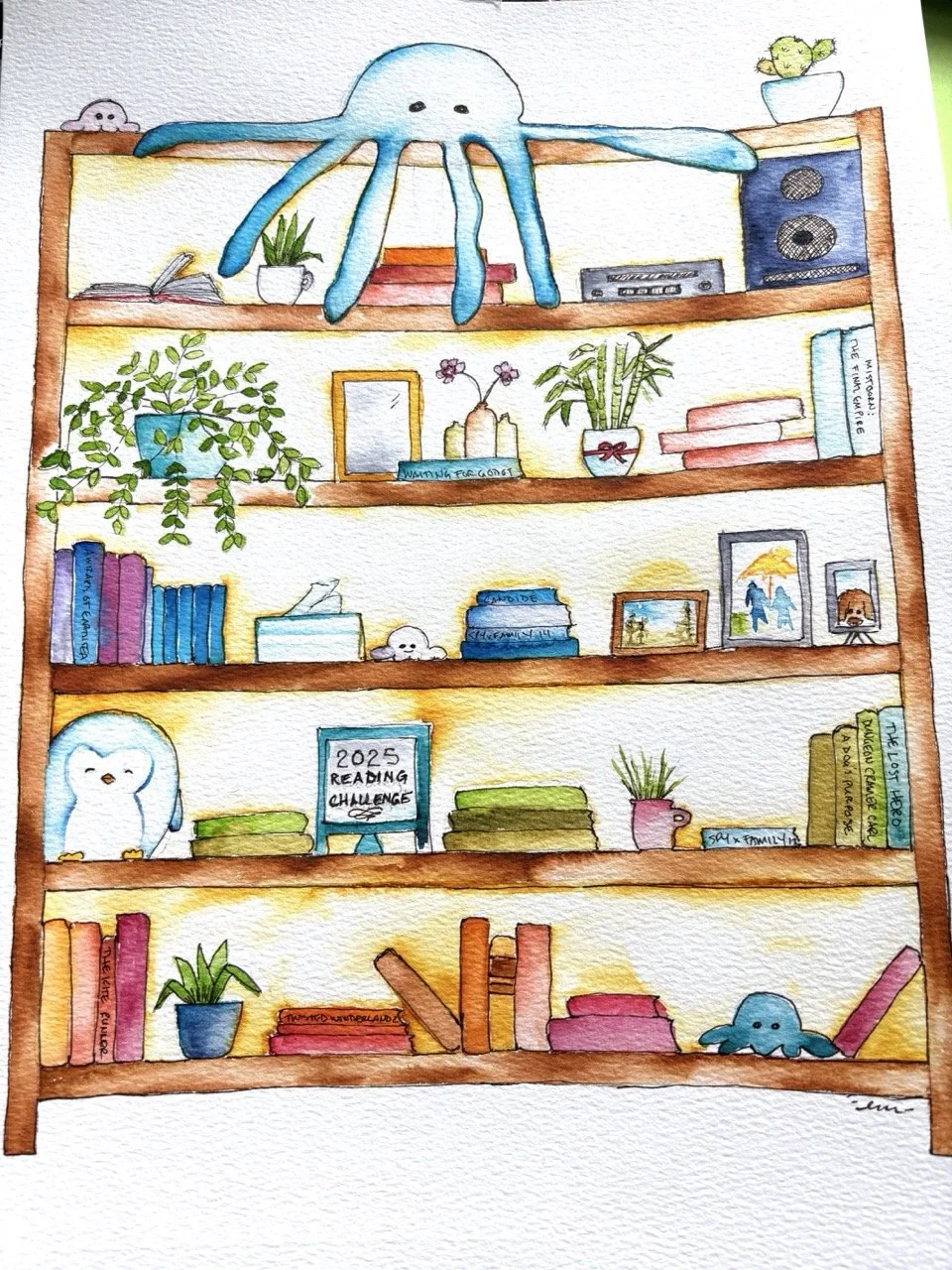 Watercolor painting of bookshelves filled with books, plants, knick-knacks, and an large octopus sitting on top.