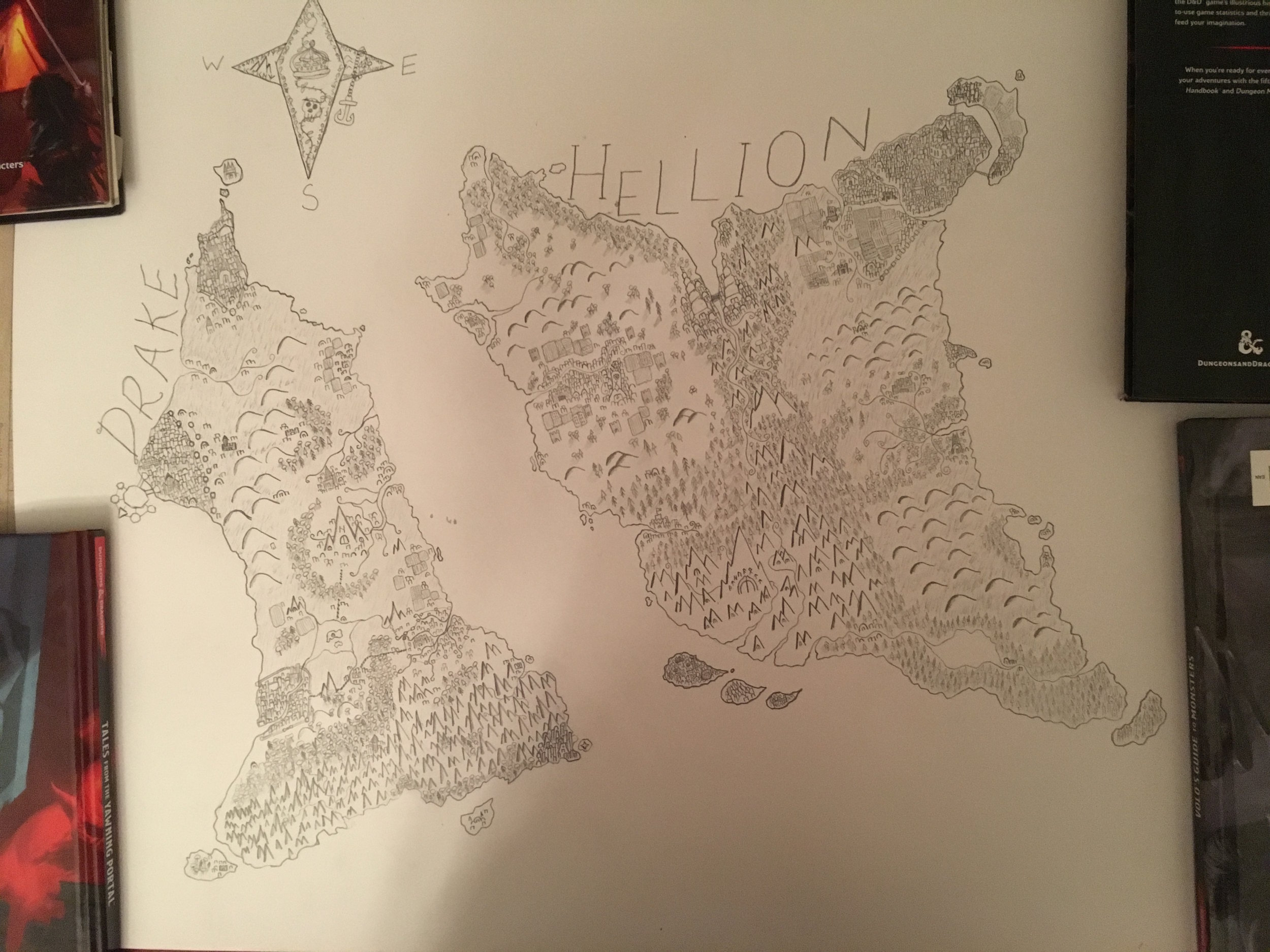 This is a big map I drew of Drake & Hellion, the Twin Isles, where every game I run is set. I have been running Drake and Hellion for over five years now!
