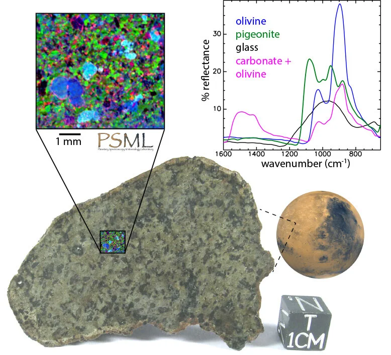 Some meteorites are recognized to have originated on Mars, though we do not know the exact source recion. This green meteorite is Dar al Gani 476 - an igneous rock rich in olivine and pyroxene, with some shock metamorphosed minerals and glass and ca…