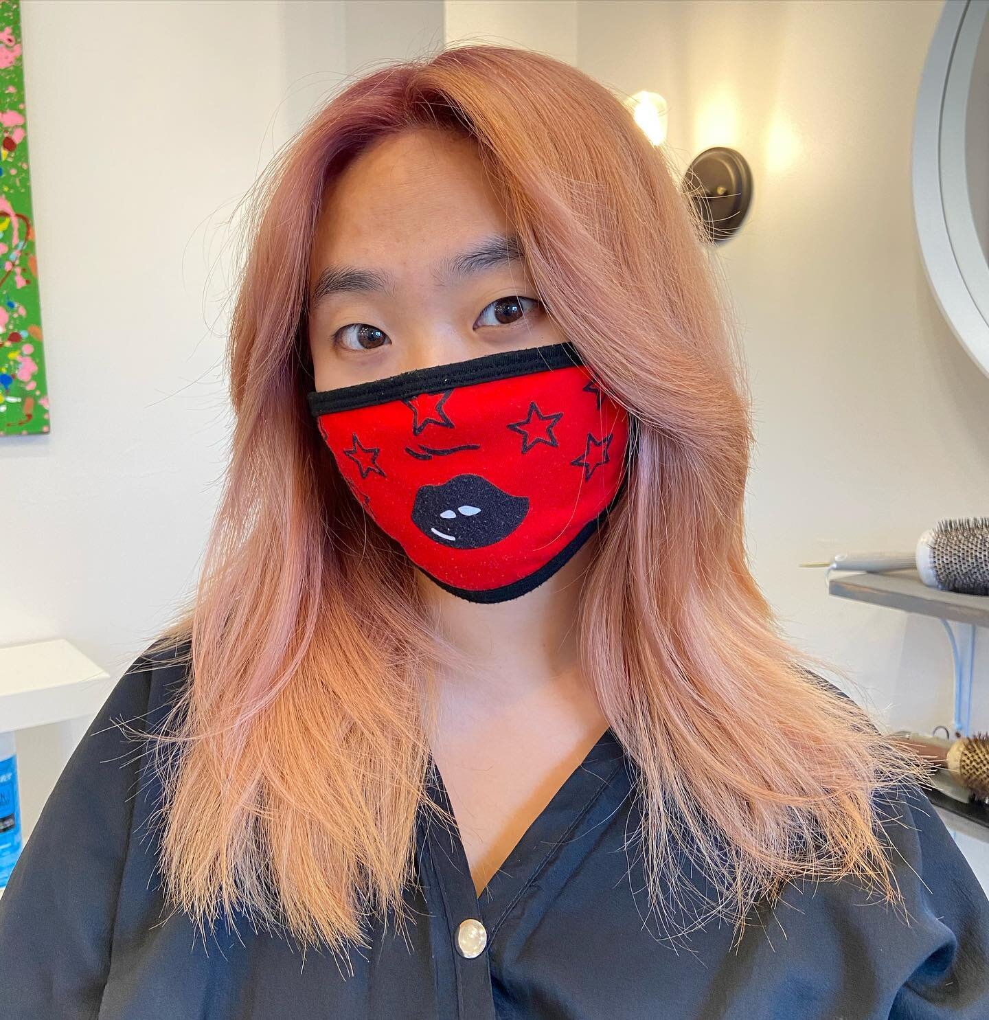 Rose gold after a long 6hr color correction. Jeeho, had come in with various colors from an at-home bleach job and at-home haircut. @themanepablo fixed her up and now she&rsquo;s glowing ✨