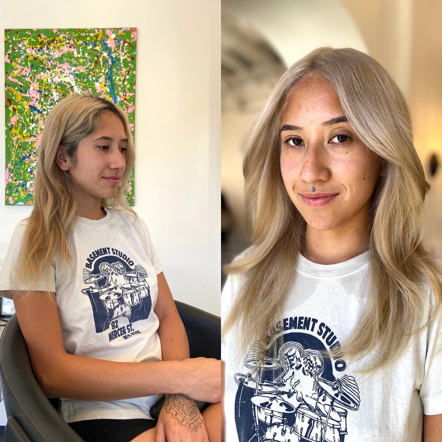 Beautiful blonde touch up on Cynthia. She went from black box dye to this. Today was her third appointment since she first started the lightening process, and it&rsquo;s the lightest she&rsquo;s been. She was very happy I was able to tone her this br