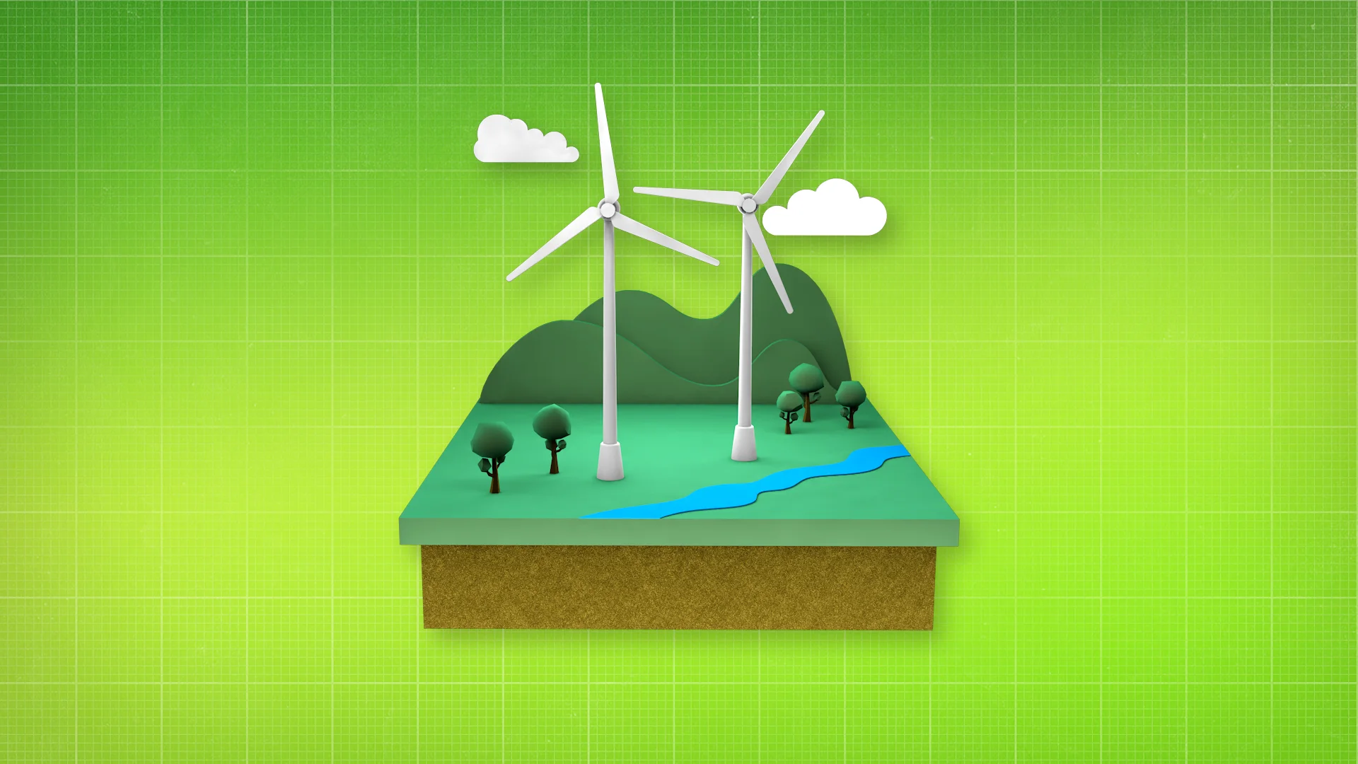 V/O: Other greener energy sources are kinder to the earth. Electricity made from wind, ACTION: A diorama of a wind turbine appears..