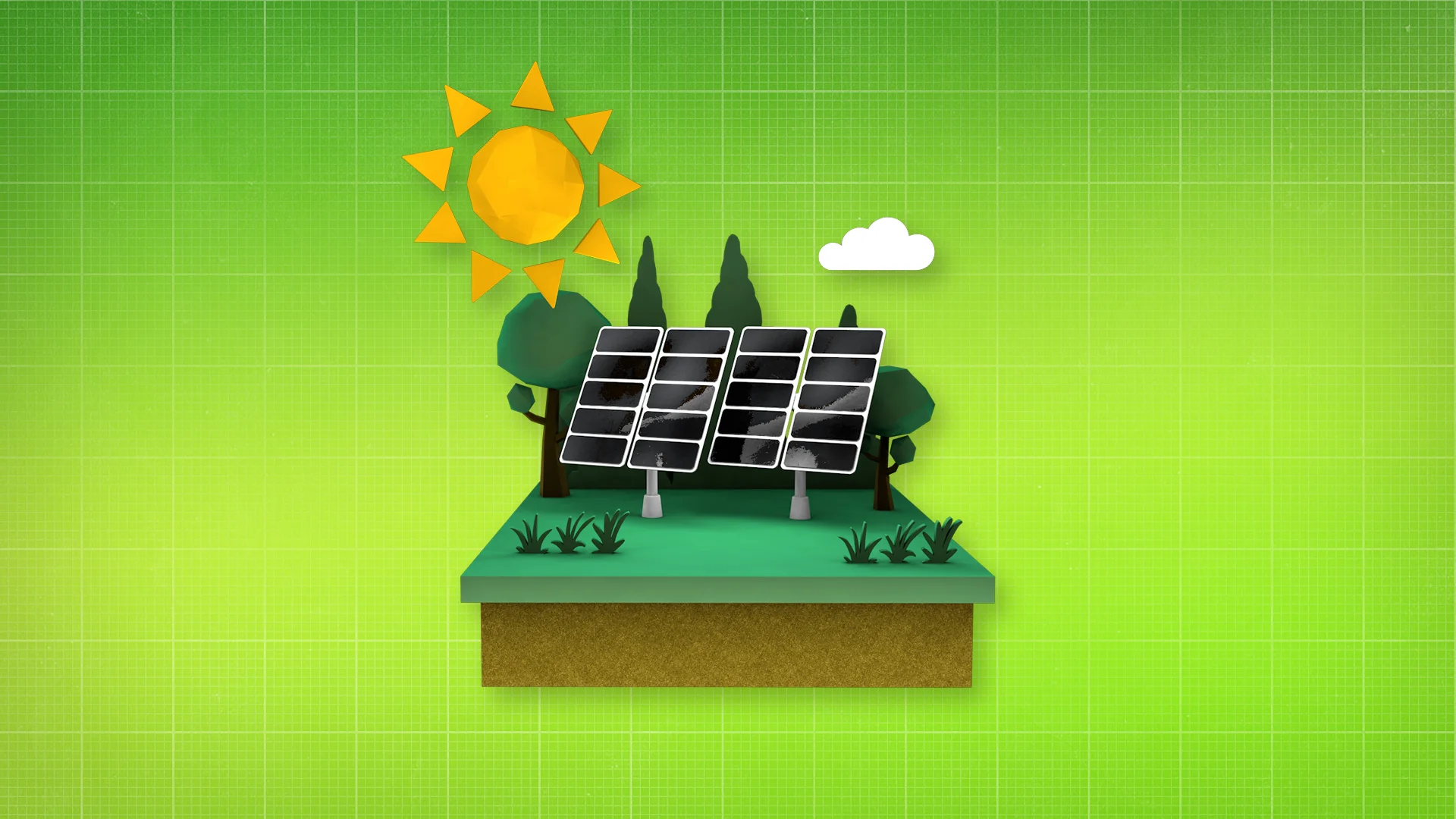 V/O: sunlight, ACTION: A diorama of solar panels appear.