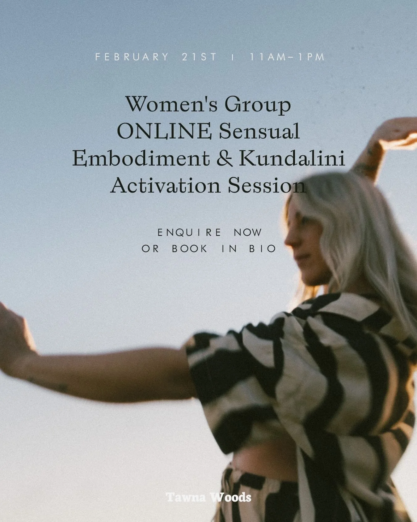 Women&rsquo;s group ONLINE sensual embodiment and kundalini activation session on Saturday February 21st at 11am-1pm NZDT

Part of my work is to guide women into deeper connection with their bodies and sensuality using embodiment practices, breath, m