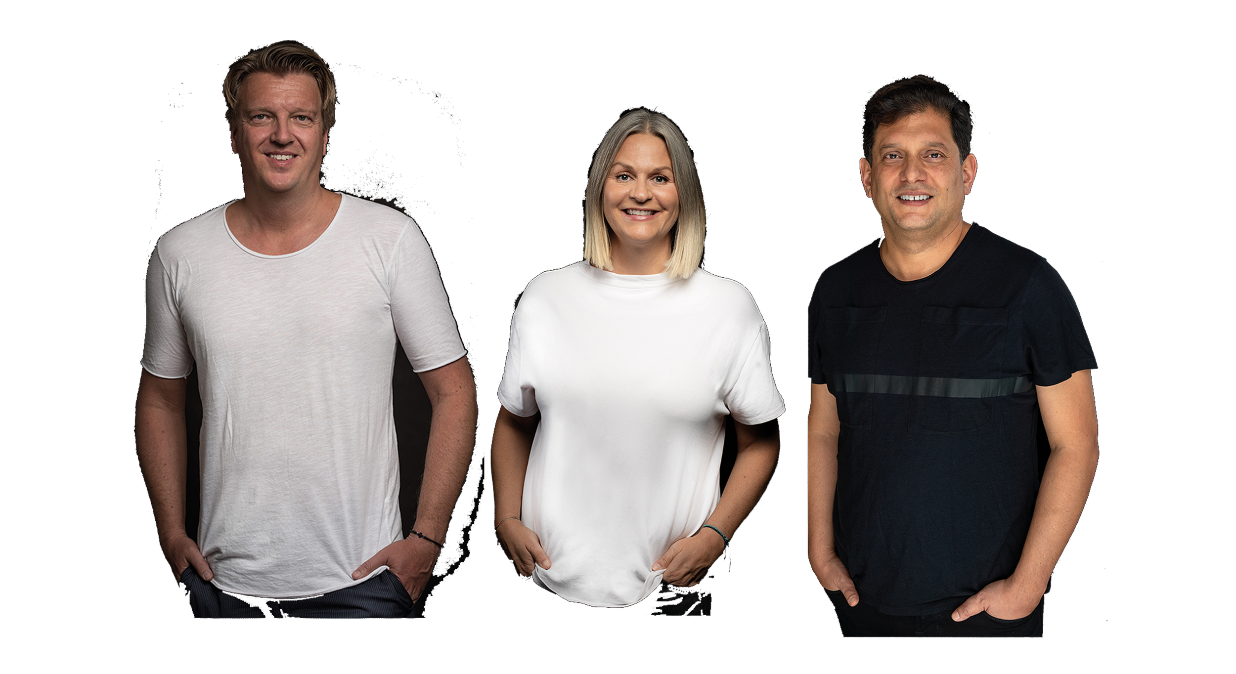 Three people standing side by side, smiling, with a dark background.