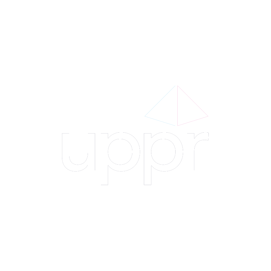 Logo with a black background, white triangular shape above the word 'uppr' in bold white lowercase letters.