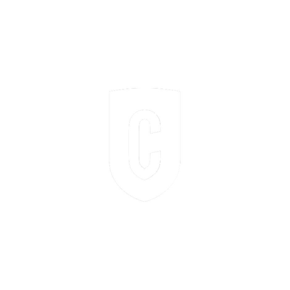 Black background with a white shield emblem featuring a black letter 'C' in the center.