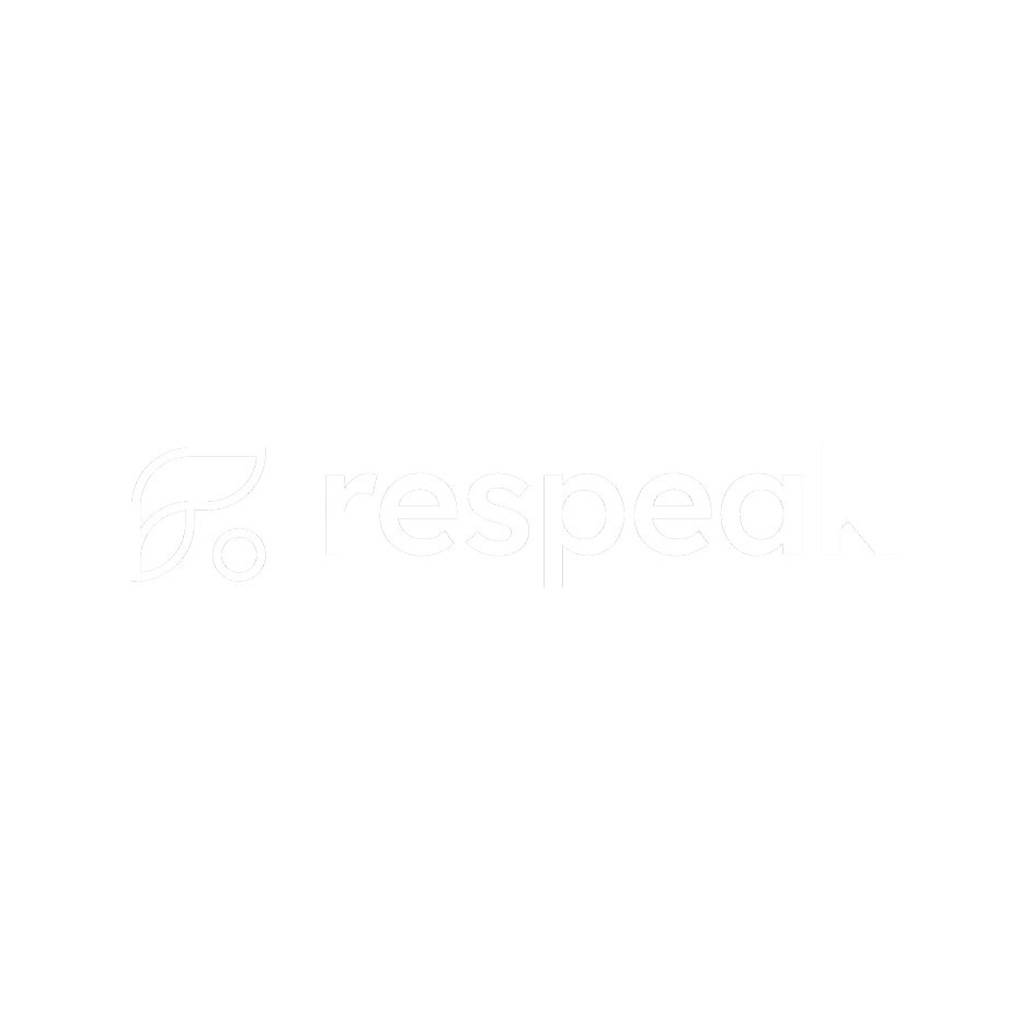 Logo with a leaf icon and the word 'respeak' in white on a black background.