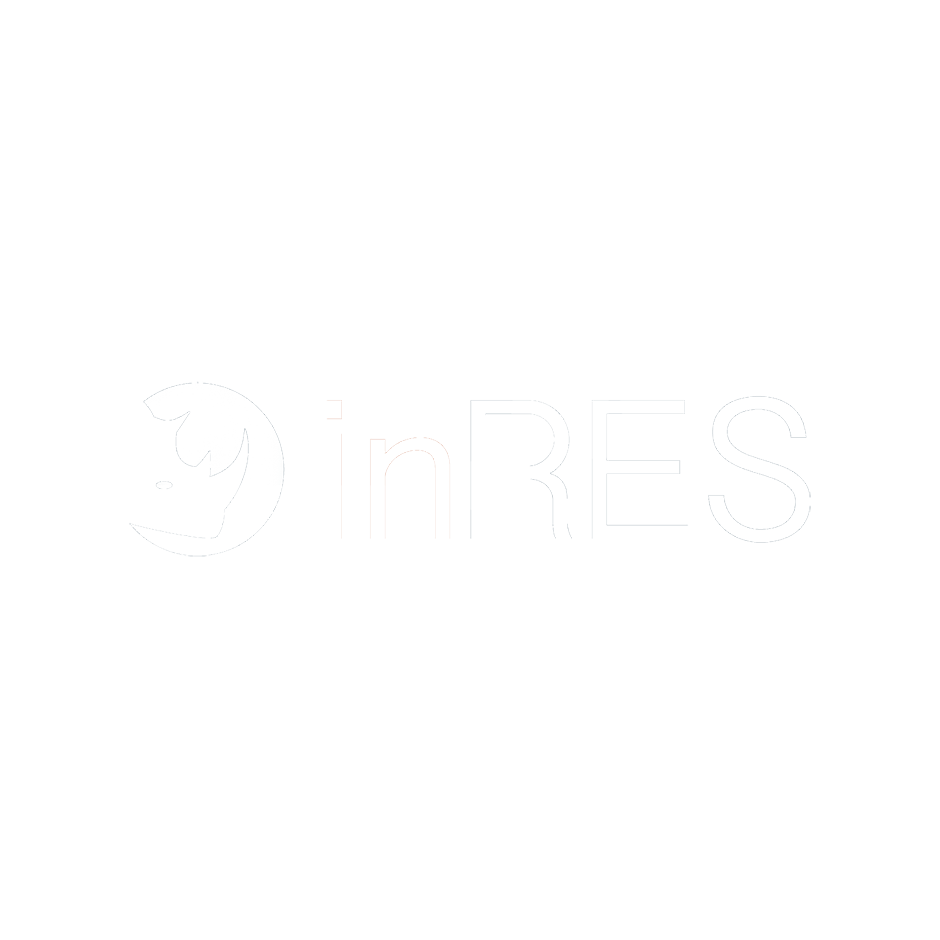 Logo with a stylized smiling face and the text 'inRES' on a black background.