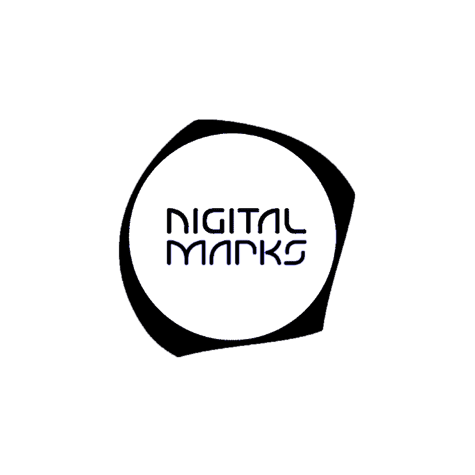 Black background with a white, abstract circular design and the words 'Digital Marks' in the center.