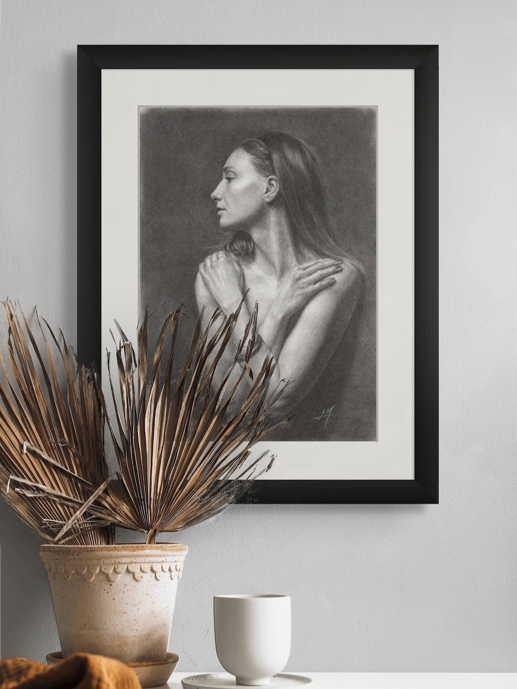 charcoal portrait drawing of a young woman's profile and arms crossing her chest, "Devotion" Fine Art Print
