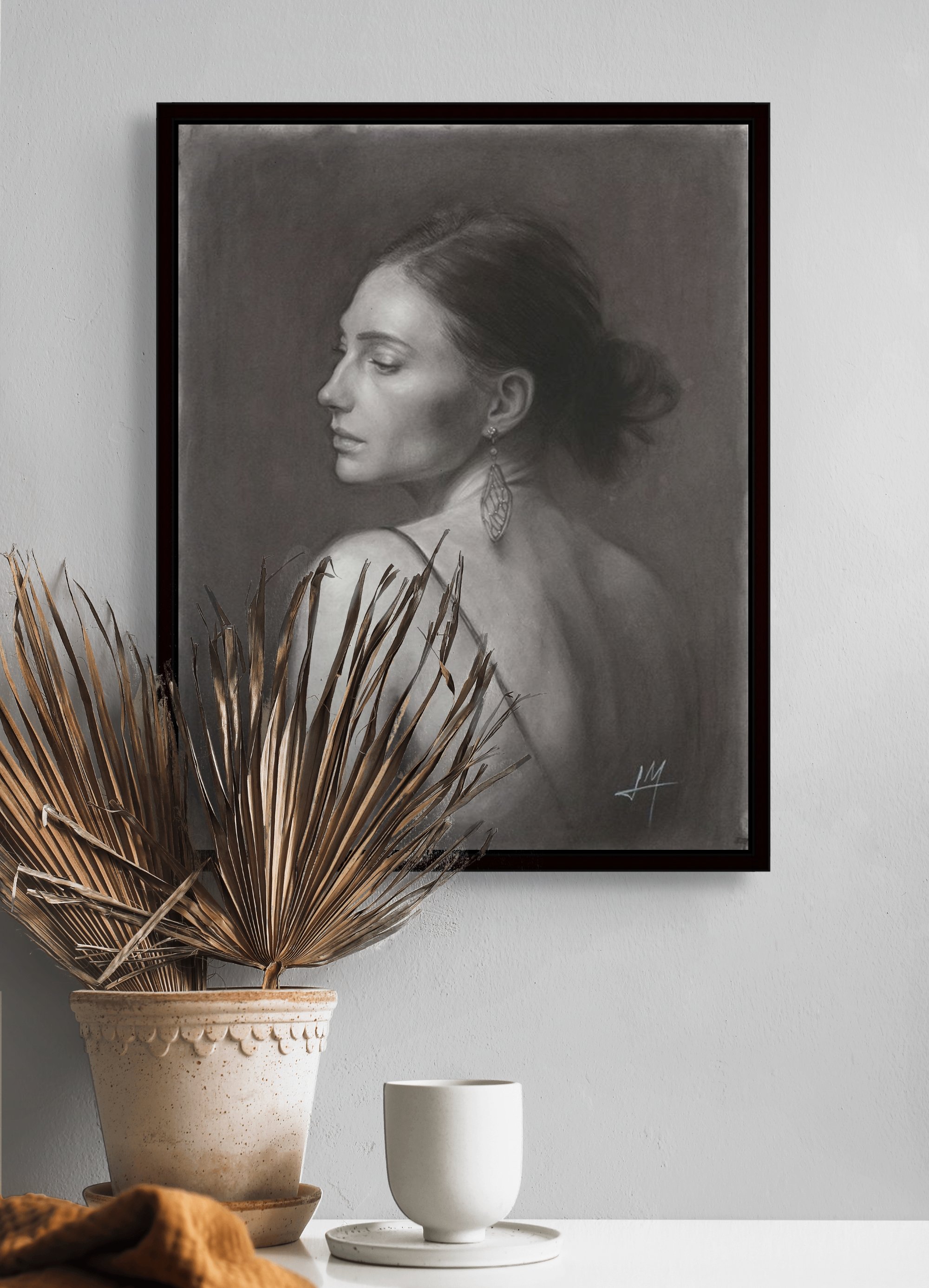 Charcoal drawing of a young woman's profile, "Hero" canvas print