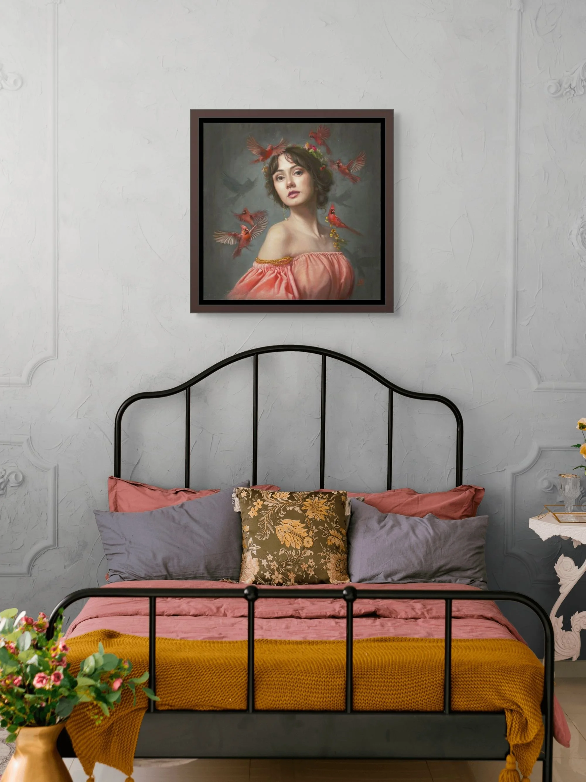 cardinal song original art on wall in bedroom.jpg