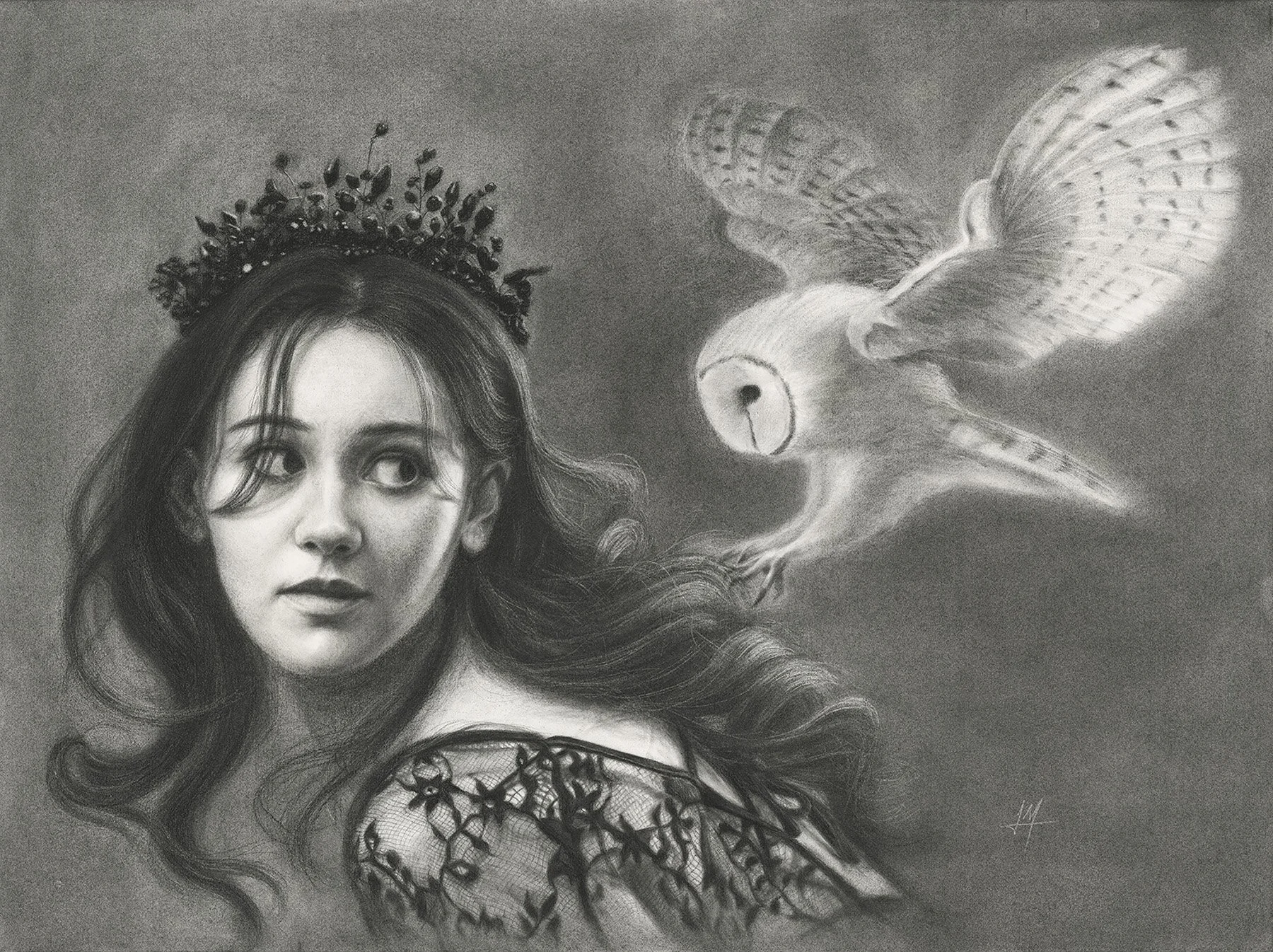 "Mischief at Dusk", charcoal on vellum paper, 24"x18", 2026