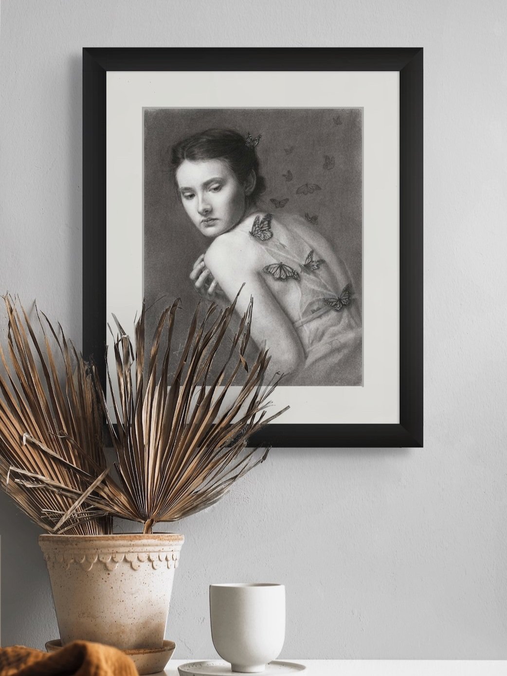 charcoal portrait drawing of a young woman in a delicate dress and butterflies, "Happiness is a Butterfly" Fine Art Print
