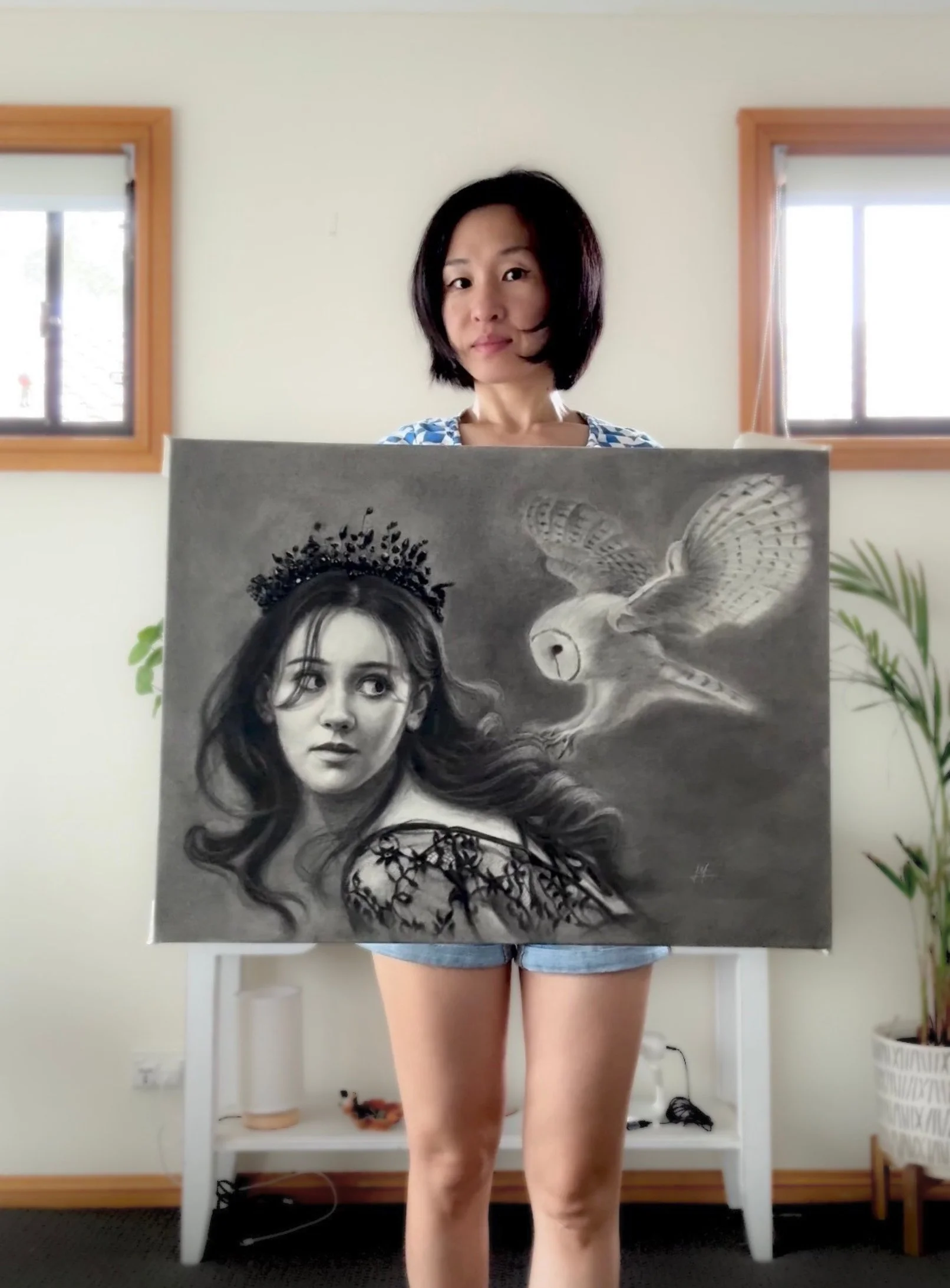 portrait of a beautiful young woman "Mischief at Dusk", original drawing