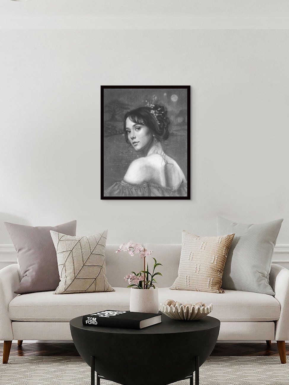 drawing of the fairy queen, inviting you to step "Into the Unknown", canvas print above sofa