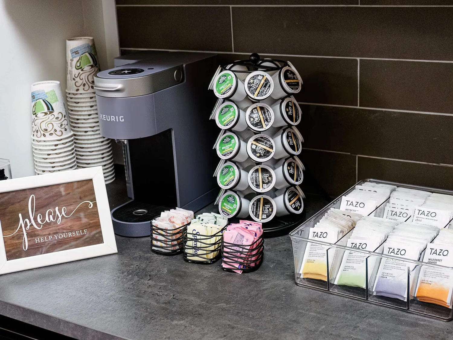 Complimentary tea, coffee, and hot chocolate for clients in Anchor Therapy's Hoboken, NJ office kitchen