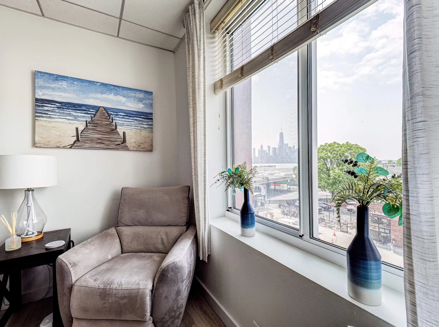 The view of the New York City skyline from our downtown Hoboken couples therapy office.