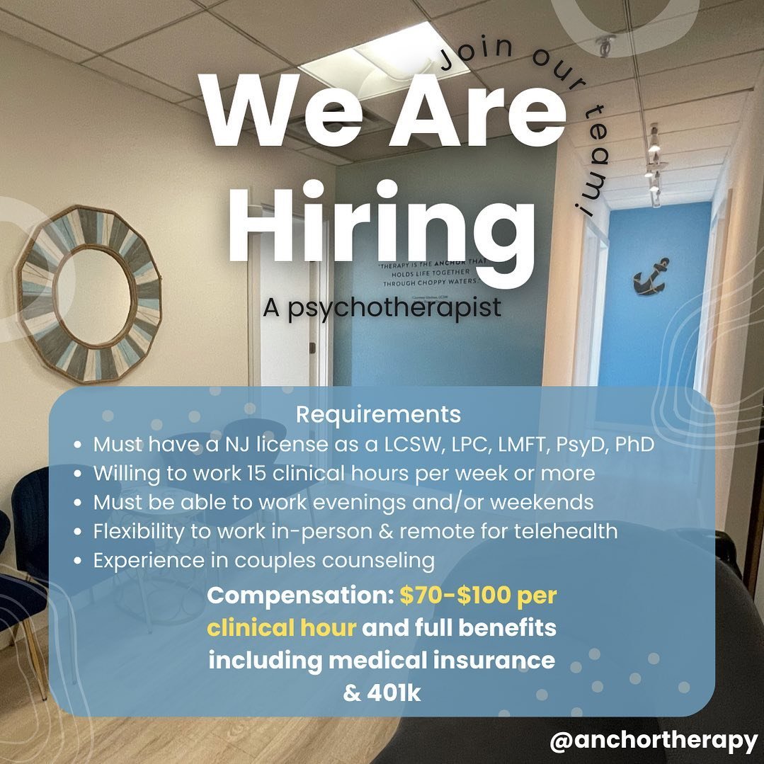 We&rsquo;re now hiring a psychotherapist (experienced in couples counseling) in Hoboken, NJ! The position offers the flexibility to work in-person and remote for telehealth.

Anchor Therapy values a diverse workplace and strongly encourages and welco