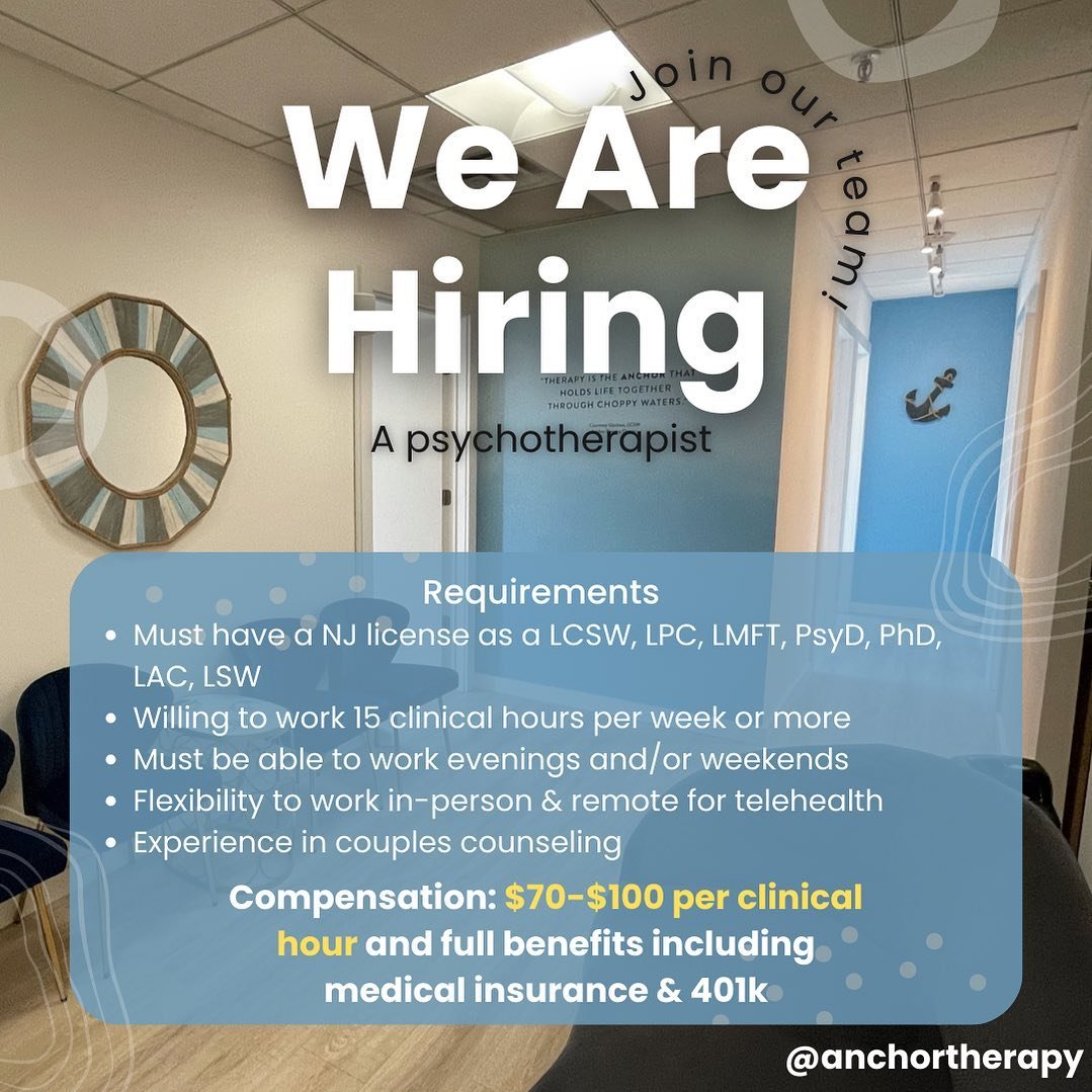 We&rsquo;re now hiring a psychotherapist (experienced in couples counseling) in Hoboken, NJ! The position offers the flexibility to work in-person and remote for telehealth. We are excited to announce that we&rsquo;ve opened our job search to include