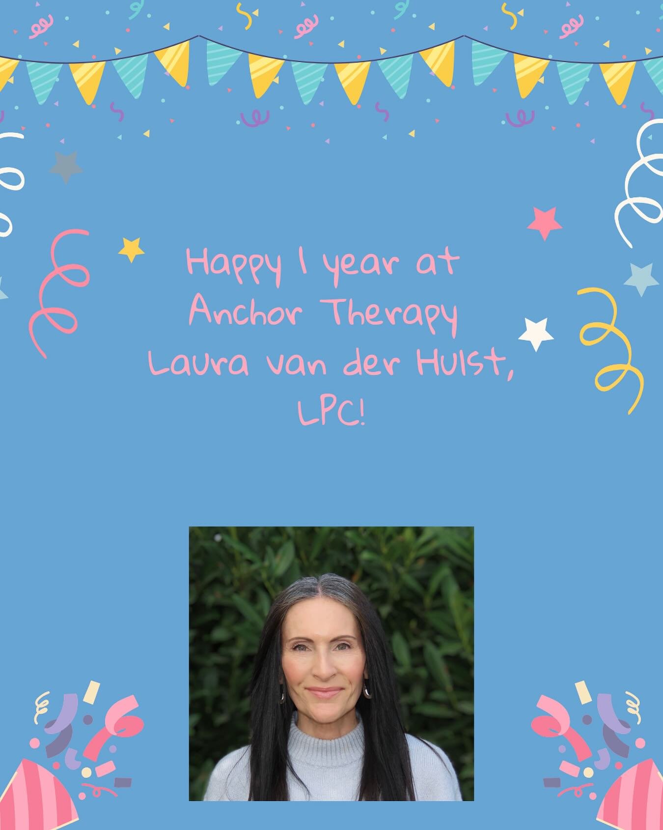 🎉 Happy 1-Year Anniversary to our psychotherapist &amp; office manager Laura van der Hulst, LPC!

We&rsquo;re so grateful for your compassion, dedication, and the light you bring to Anchor Therapy every day.

Here&rsquo;s to many more years of growt