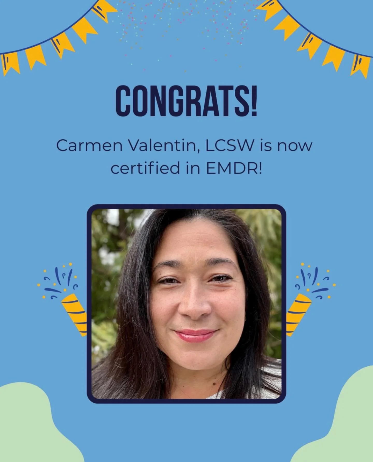 🎉 Congratulations to Carmen Valentin, LCSW! 🎉

We&rsquo;re so proud to celebrate Carmen on becoming EMDR certified! This advanced training allows her to continue providing thoughtful, trauma-informed care to our clients. Way to go, Carmen. We&rsquo